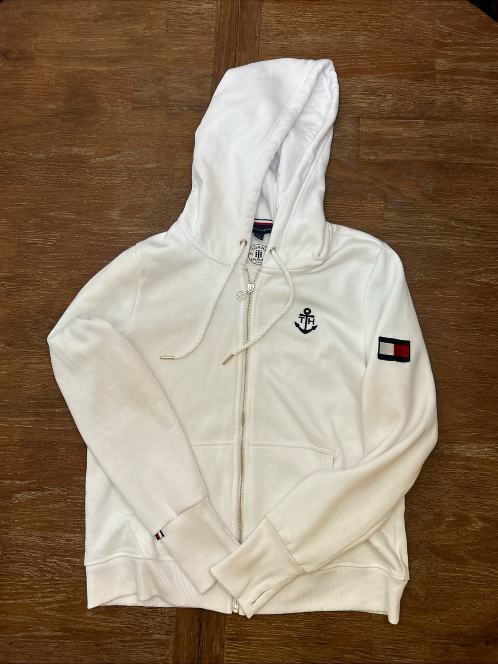Tommy Hilfiger Women's White Zip Up Hoodie Anchor Logo Flag Patch 2018 Sz L